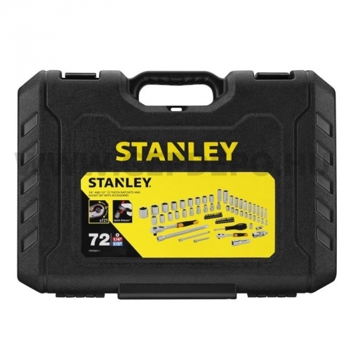 Stanley 1/4" és 1/2" dugókulcs készlet 5 fokonkénti fogazással, 72 részes