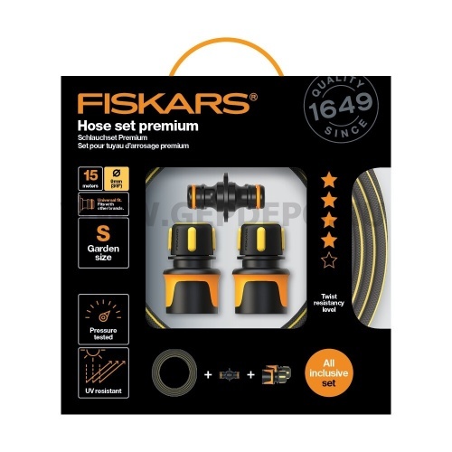 Fiskars Locsolótömlő szett, premium 15m 9mm