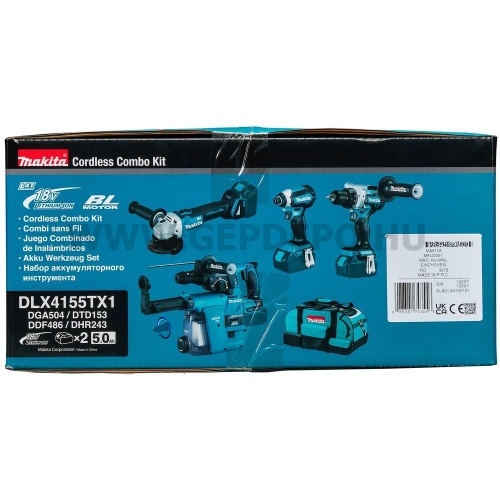 Makita DLX4155TX1 akkus szett (DDF486 + DGA504 + DHR243 + DTD153 + DX07 + 2xBL1850B + DC18RC) LXT BL