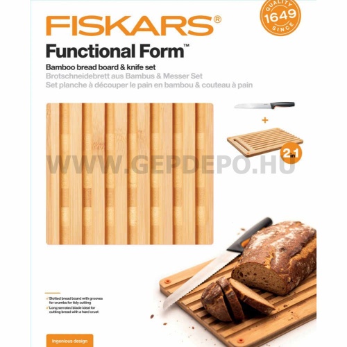Fiskars Functional Form Bambusz vágódeszka és kenyérvágó kés készlet