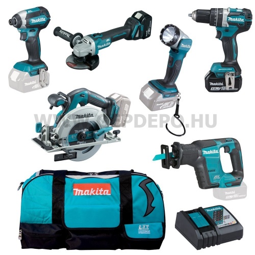 Makita DLX6092T akkus szett 18V LXT DHP484 DGA504 DJR188 DHS680 DTD153 DML802 2xBL1850B DC18RC Táska