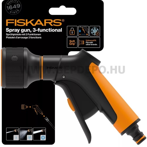 Fiskars Comfort locsolópisztoly, 3-funkciós, markolatvezérlésű