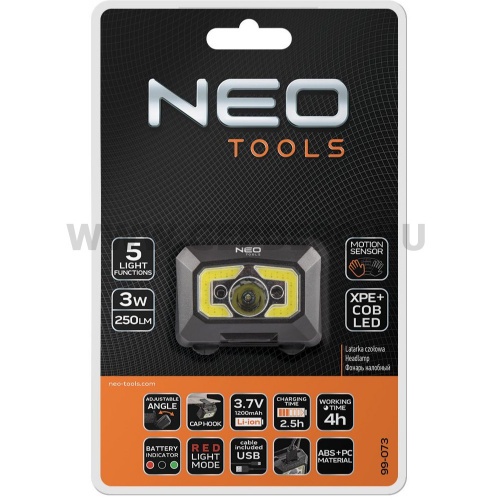 Neo fejlámpa mozgásérzékelővel, tölthető, USB, COB LED, 250 lm