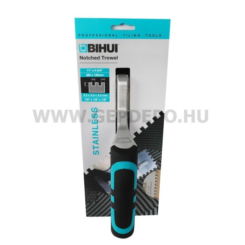 Bihui profi rozsdamentes glettelő soft grip markolattal - 280 x 120 mm, 3.2 mm-es fogakkal