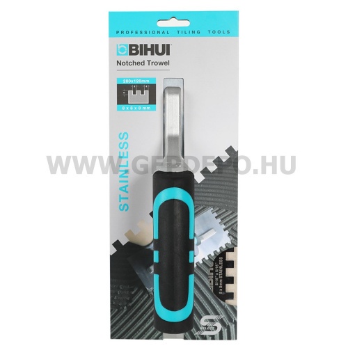 Bihui profi rozsdamentes glettelő soft grip markolattal - 280 x 120 mm, 8 mm-es fogakkal