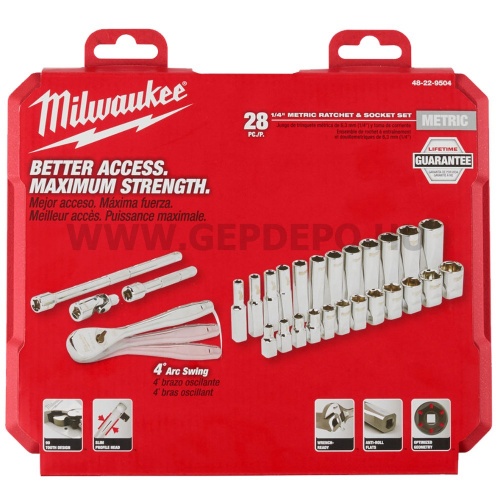 Milwaukee 1/4" racsnis dugókulcs készlet, metrikus méret (28 részes)