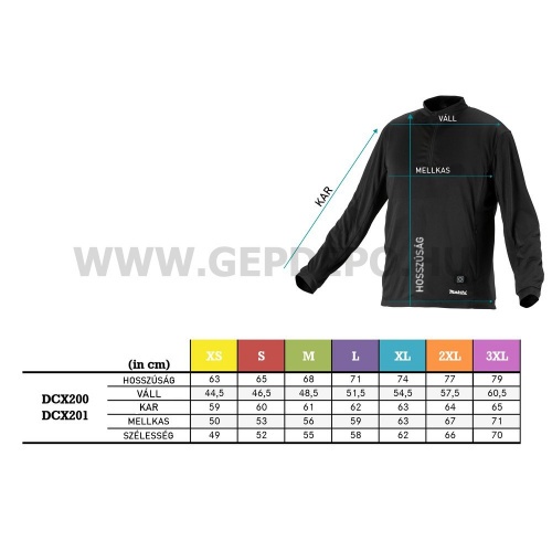 Makita DCX200C2XL fűthető aláöltözet kerek nyakú CXT 12V max LXT 14,4-18V 2XL