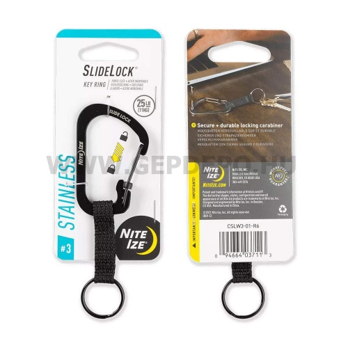 Nite Ize SlideLock acél karabiner kulcstartó hevederrel, fekete
