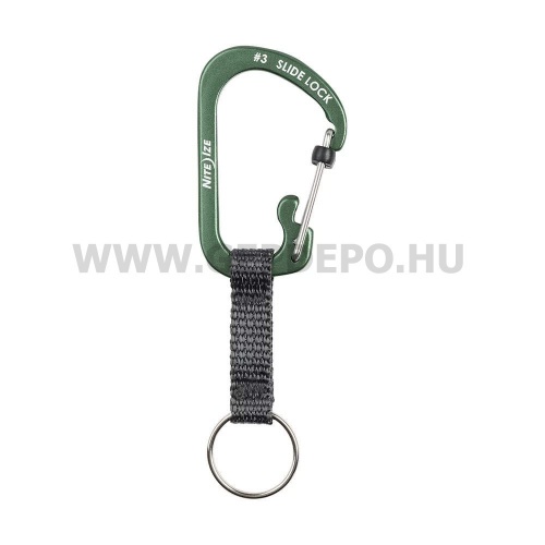 Nite Ize SlideLock alumínium karabiner kulcstartó hevederrel, olajzöld