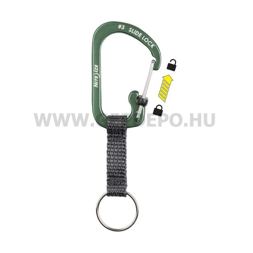 Nite Ize SlideLock alumínium karabiner kulcstartó hevederrel, olajzöld