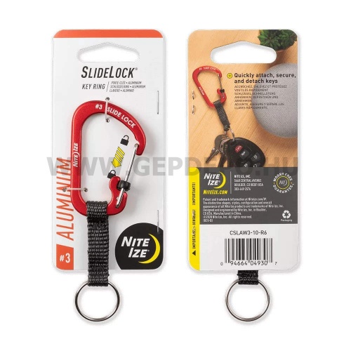 Nite Ize SlideLock alumínium karabiner kulcstartó hevederrel, piros