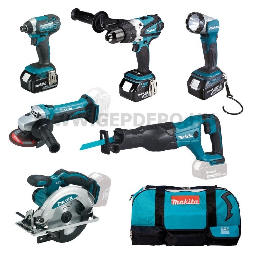 Makita DLX6046 akkus szett 18V LXT DGA452+DHP458+DJR186+DSS610+ DTD152+DML802+3xBL1830B+DC18RC táska