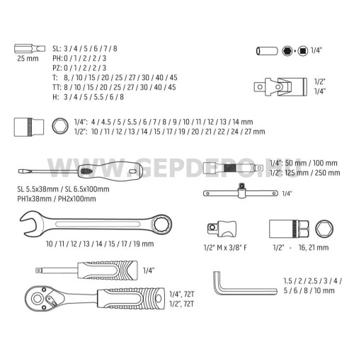 Neo dugókukcs készlet 1/4"-1/2" 4-32 mm - 100 részes