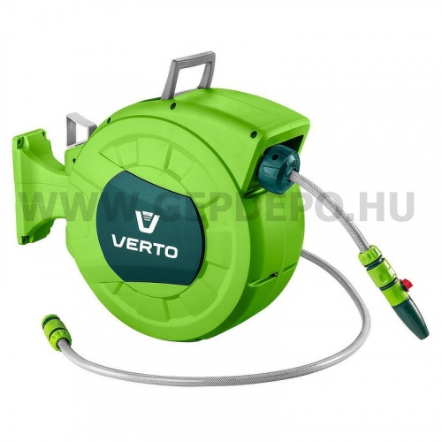 VERTO Autómata tömlődob, 20 m locsolótömlő + 2 m csatlakozó tömlő, 10 bar, PP ház, PVC tömlő, falra