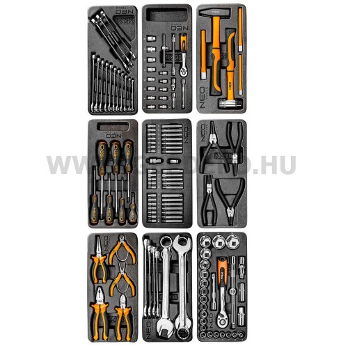NEO TOOLS szerszámkocsi 7 fiókkal, 129 részes szerszámkészlettel