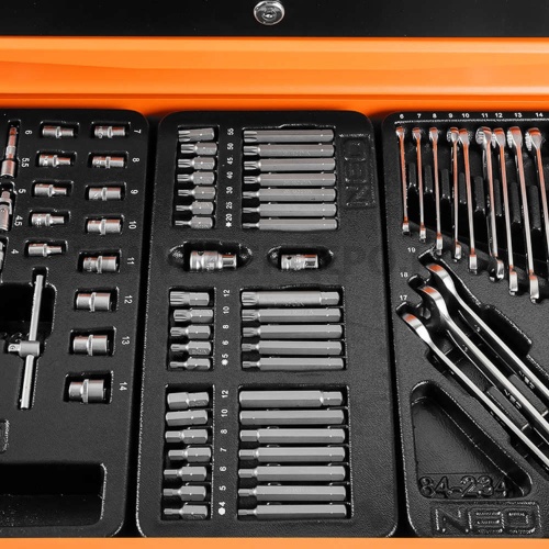NEO TOOLS szerszámkocsi 7 fiókkal, 129 részes szerszámkészlettel