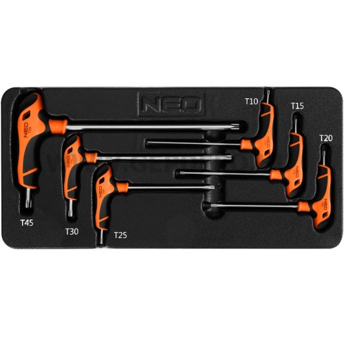 NEO TOOLS 6 részes Torxkulcs készlet "T" markolattal, műhelykocsi tálcával