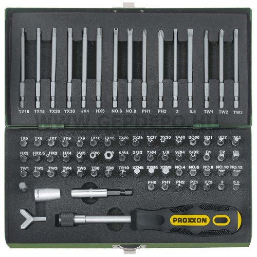 PROXXON Bitkészlet csavarhúzó nyéllel 1/4", 75db-os (23107)